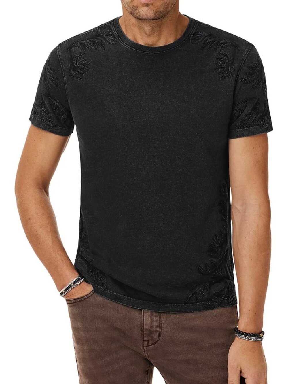 John Varvatos Western Motif Tonal Embroidery Crew Tee Shirt Mens Black M NWT 148